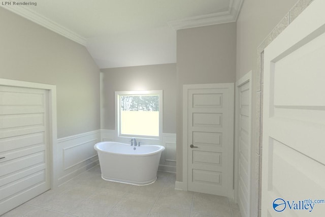 bathroom featuring a bath, ornamental molding, tile patterned flooring, and vaulted ceiling