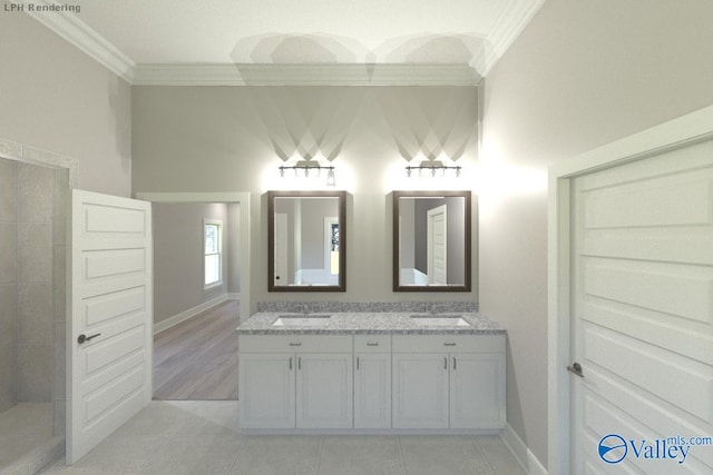 bathroom with vanity, tile patterned flooring, and ornamental molding