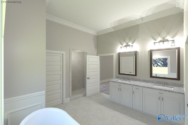 bathroom with shower with separate bathtub, vanity, tile patterned floors, and crown molding