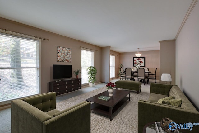 living room featuring ornamental molding and light carpet