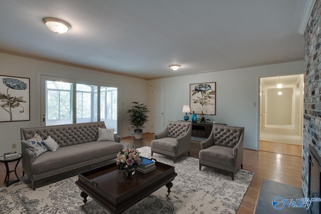 living room with light wood-type flooring and crown molding