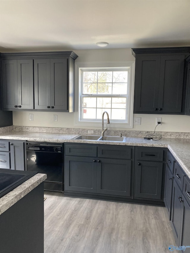 kitchen featuring light wood-type flooring, black dishwasher, light countertops, and a sink