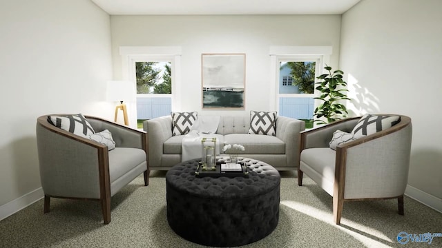 sitting room featuring baseboards, plenty of natural light, and carpet