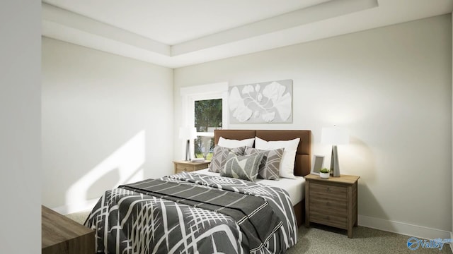 carpeted bedroom with baseboards and a tray ceiling
