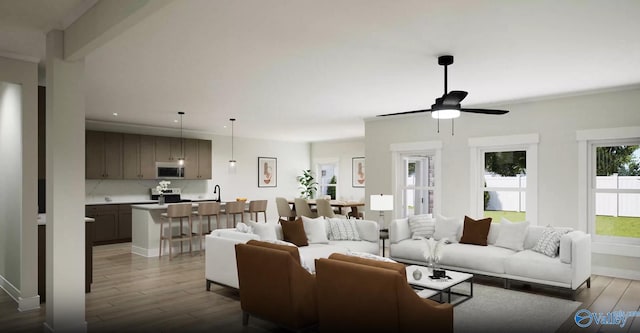 living room with recessed lighting, ceiling fan, and dark wood finished floors