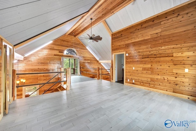 bonus room featuring beamed ceiling, high vaulted ceiling, wooden walls, and hardwood / wood-style floors