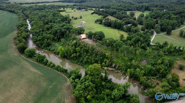 aerial view featuring a rural view and a water view