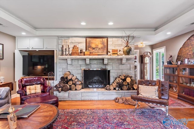 living room with hardwood / wood-style flooring and a stone fireplace