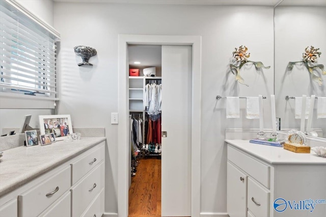 bathroom featuring vanity and hardwood / wood-style floors