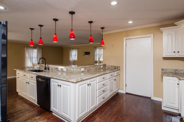 kitchen with white cabinets, dark wood-type flooring, a healthy amount of sunlight, and black appliances