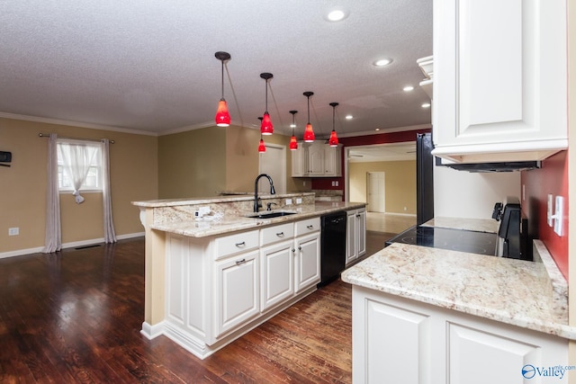 kitchen with white cabinetry, sink, hanging light fixtures, dark wood-type flooring, and black dishwasher