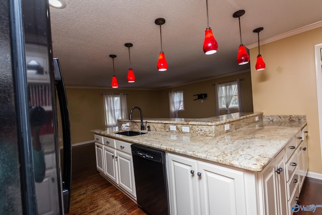 kitchen with dark hardwood / wood-style flooring, white cabinets, black appliances, sink, and crown molding