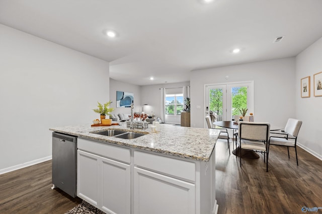 25066 Delilah Cir, Athens, AL 35613 - kitchen with light stone counters, a sink, dishwasher, a center island with sink, and dark wood-style floors