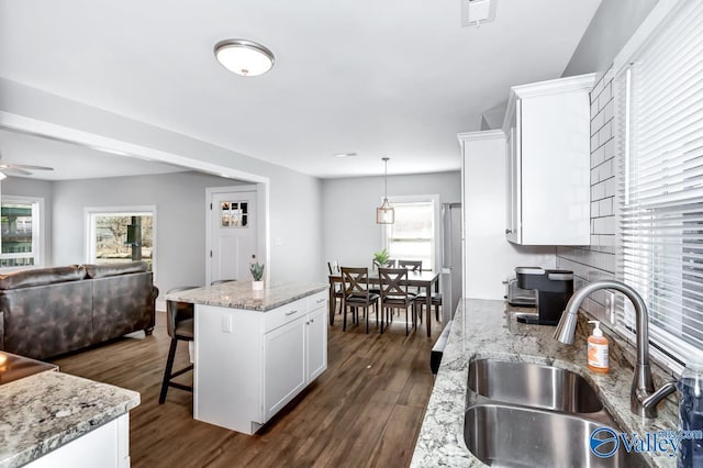 kitchen featuring a healthy amount of sunlight, a sink, white cabinetry, and dark wood finished floors
