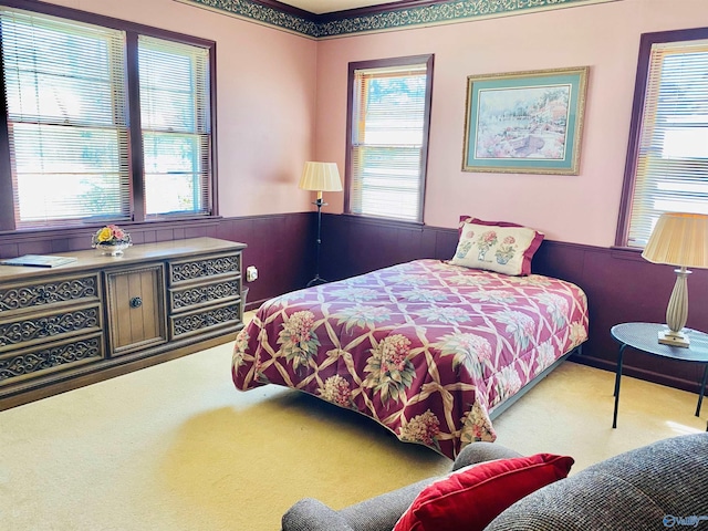 carpeted bedroom with wainscoting