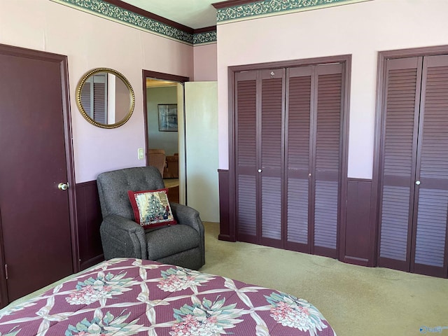 bedroom with multiple closets, crown molding, and carpet