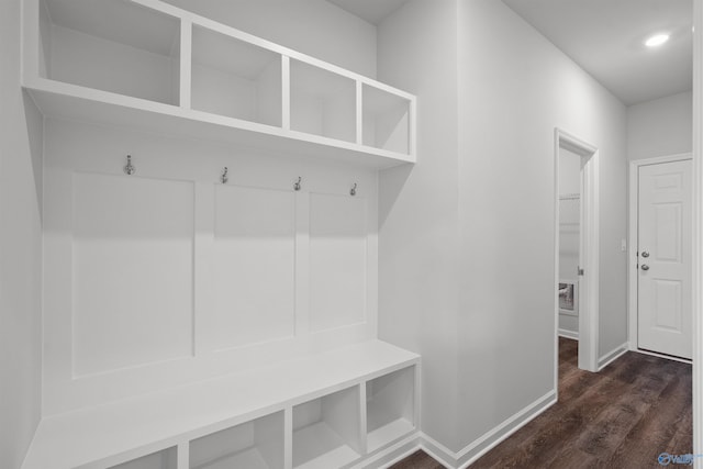 mudroom featuring dark wood-type flooring