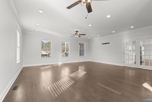 unfurnished living room with ceiling fan, dark wood-type flooring, ornamental molding, and french doors