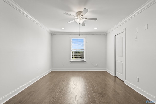 unfurnished bedroom with ceiling fan, dark wood-type flooring, and crown molding