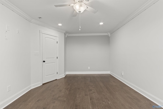 unfurnished room with ceiling fan, dark wood-type flooring, and ornamental molding