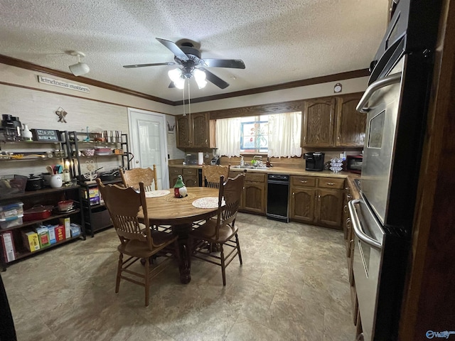 dining area featuring crown molding, ceiling fan, and a textured ceiling