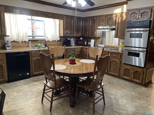 kitchen featuring sink, crown molding, ceiling fan, stainless steel appliances, and dark brown cabinetry