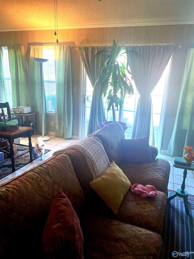 living room featuring a wealth of natural light, ornamental molding, and a textured ceiling