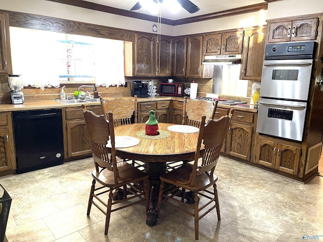 kitchen with sink, plenty of natural light, stainless steel appliances, and ornamental molding