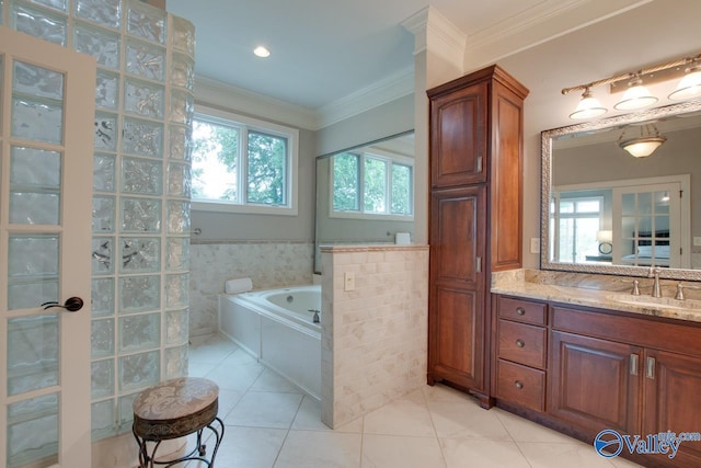 bathroom featuring a wealth of natural light, tile patterned flooring, crown molding, and vanity