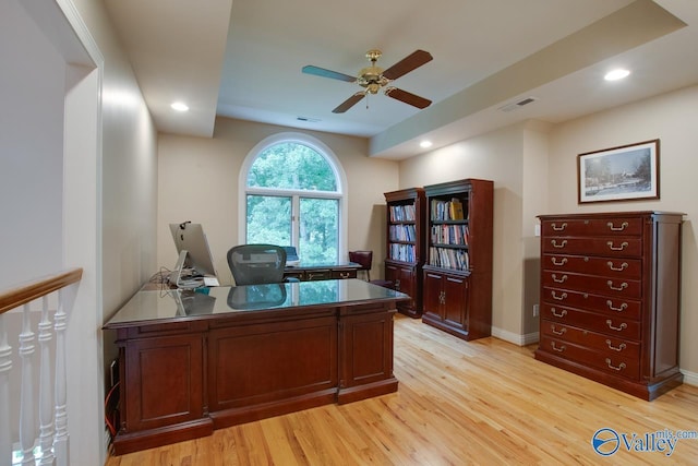 office area with recessed lighting, visible vents, ceiling fan, and light wood-style flooring