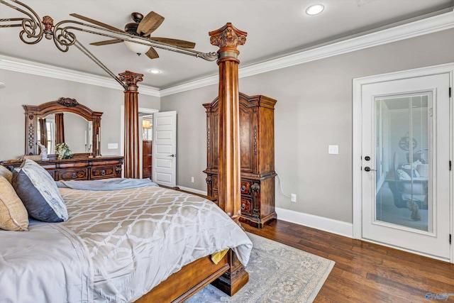 bedroom featuring baseboards, ornamental molding, dark wood finished floors, and recessed lighting