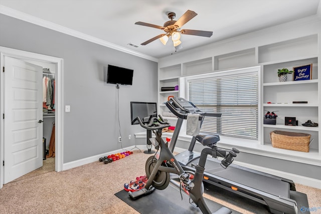 workout room featuring carpet floors, ornamental molding, a ceiling fan, and baseboards