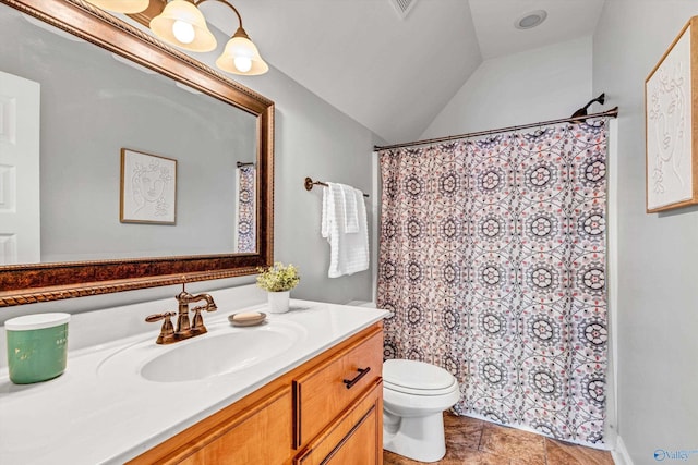 full bath featuring toilet, a shower with curtain, lofted ceiling, and vanity