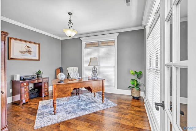 office space featuring ornamental molding, visible vents, dark wood finished floors, and baseboards