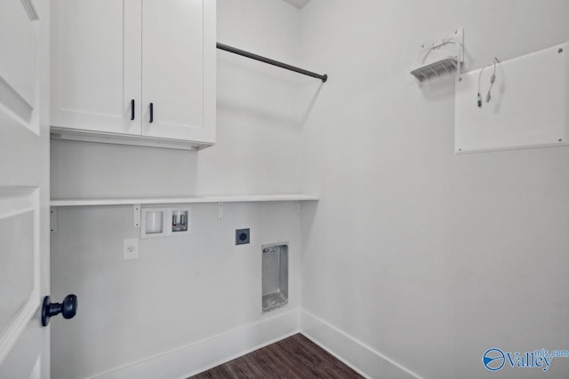 laundry area featuring washer hookup, hookup for an electric dryer, cabinets, and dark wood-type flooring