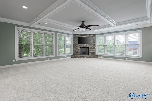 2600 Treyburne Ln, Hampton Cove, AL 35763 - unfurnished living room with ornamental molding, ceiling fan, healthy amount of natural light, beam ceiling, and a stone fireplace