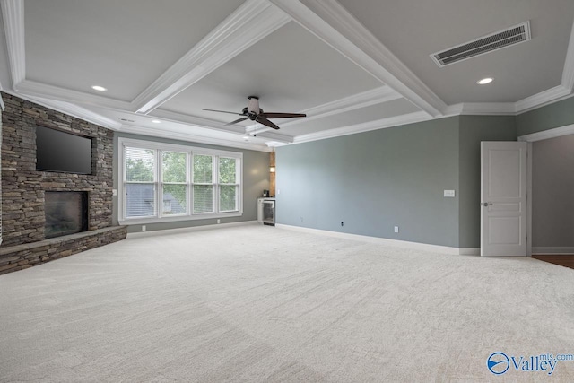 2600 Treyburne Ln, Hampton Cove, AL 35763 - unfurnished living room with crown molding, a fireplace, ceiling fan, beam ceiling, and carpet
