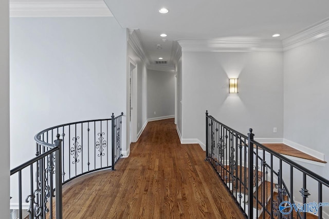 2600 Treyburne Ln, Hampton Cove, AL 35763 - hallway with an upstairs landing, ornamental molding, wood finished floors, and recessed lighting