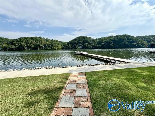 property view of water with a dock and a view of trees