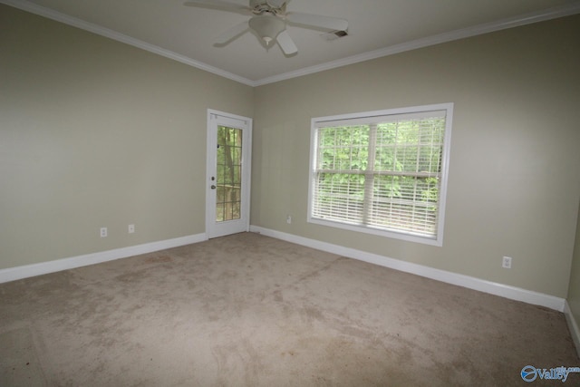 730 John Cabaniss Rd, Langston, AL 35755 - spare room with carpet, a ceiling fan, ornamental molding, and baseboards
