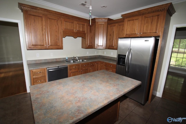 730 John Cabaniss Rd, Langston, AL 35755 - kitchen featuring dark tile patterned floors, stainless steel fridge with ice dispenser, dishwasher, a sink, and visible vents