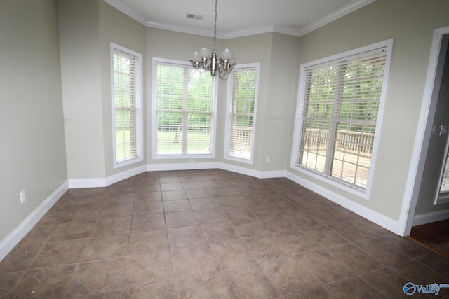 730 John Cabaniss Rd, Langston, AL 35755 - unfurnished dining area with an inviting chandelier, dark tile patterned flooring, baseboards, visible vents, and crown molding