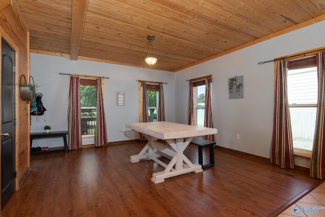 dining space featuring wooden ceiling and dark hardwood / wood-style floors