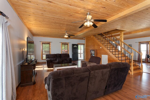 living room with wood ceiling, ceiling fan, and hardwood / wood-style floors