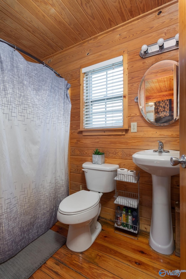 bathroom featuring wood-type flooring and wooden walls