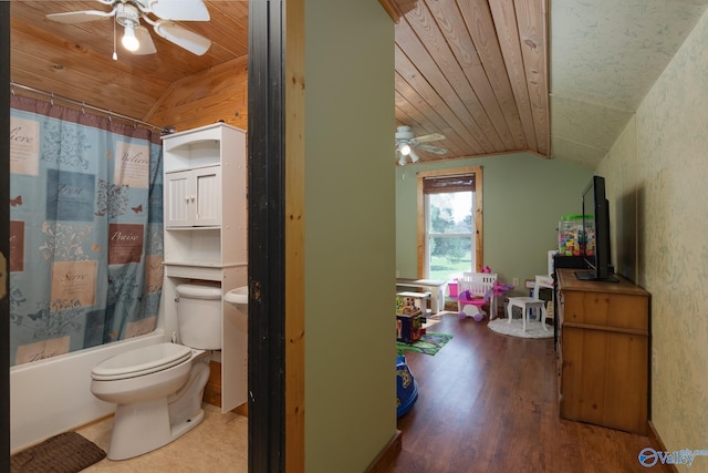 bathroom with toilet, ceiling fan, and wood ceiling