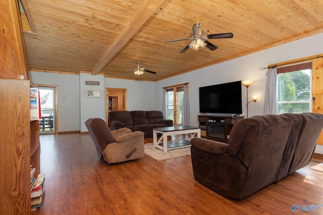 living room featuring a wealth of natural light, wooden ceiling, ceiling fan, and hardwood / wood-style floors