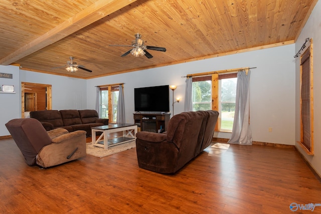 living room with beam ceiling, wooden ceiling, ceiling fan, and hardwood / wood-style floors