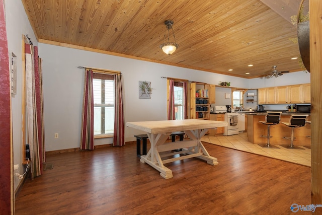 tiled dining area featuring ceiling fan and wood ceiling