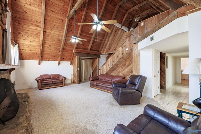 living room featuring ceiling fan, wooden ceiling, high vaulted ceiling, beamed ceiling, and light colored carpet